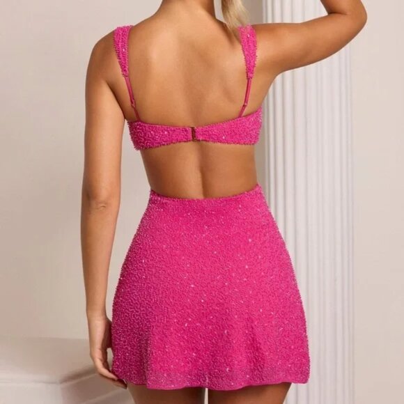 Oh Polly Emilion Embellished Cut Out Mini Dress in Fuschia Pink Size 10 - Picture 4 of 9